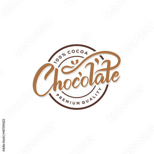 Chocolate handwritten lettering logo with label badge emblem design vector template