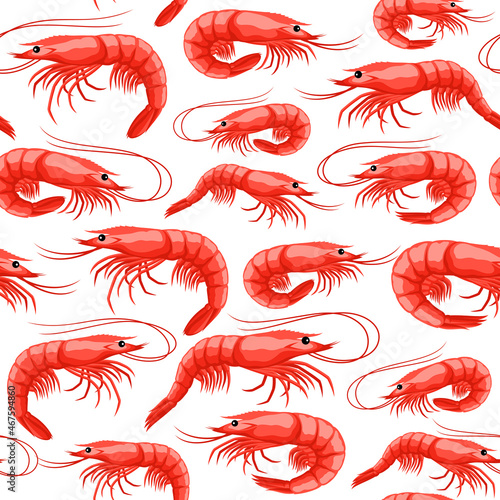 Vector red shrimps seamless pattern, seafood background, prawn illustrations