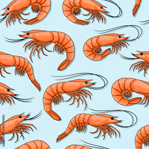 Seafood seamless pattern with shrimps on a blue background