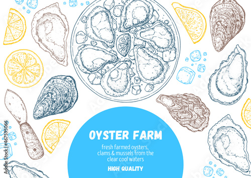 Oysters and oysters dish with lemon and ice sketch. Hand drawn vector illustration. Top view. Design template. Food menu.