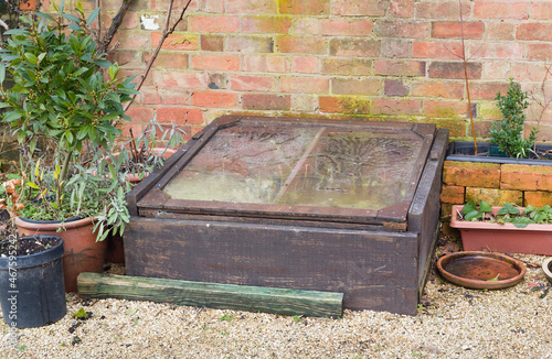 Cold frame and plant pots in English garden in winter, UK photo