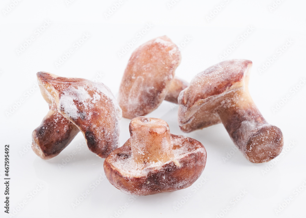 Frozen mushrooms close-up isolated on white background, brown champignon prepared for cooking Frozen mushrooms close-up isolated on white background, brown champignon prepared for cooking
