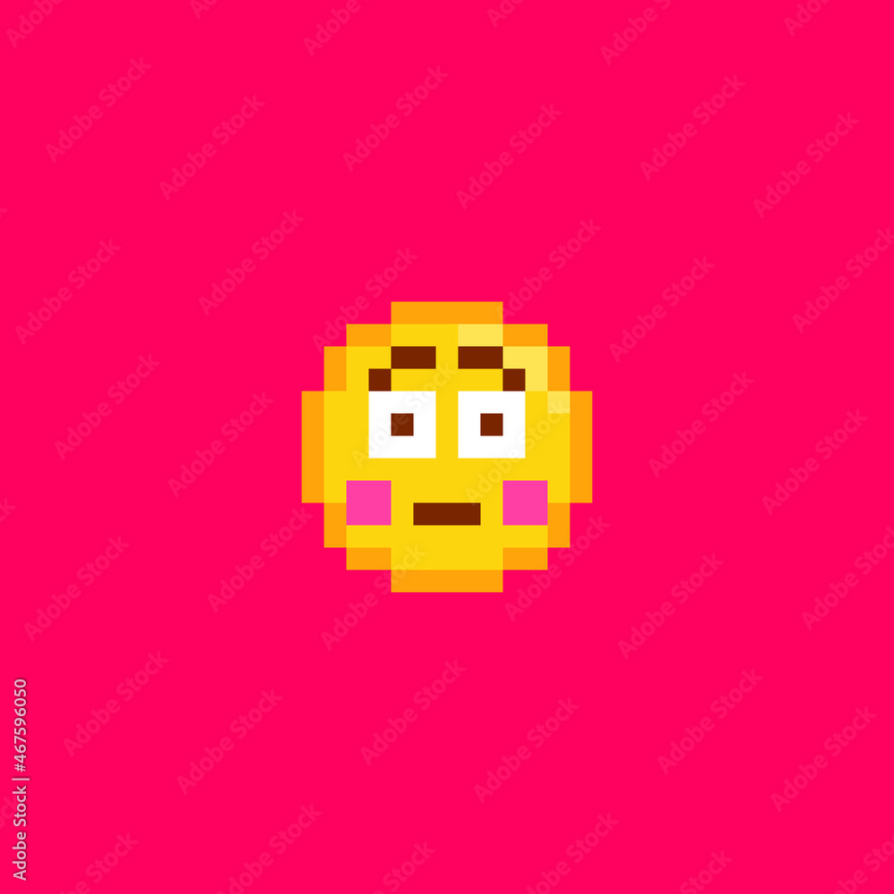 Pixel art Flushed Face Emoji icon. Vector cute pixel blushing emoticon. Embarrassed Emoji in retro pixel 8 bit style. Surprise emoji smile yellow face isolated icon. Pixel art Flushed Face Emoji icon. Vector cute pixel blushing emoticon. Embarrassed Emoji in retro pixel 8 bit style. Surprise emoji smile yellow face isolated icon.