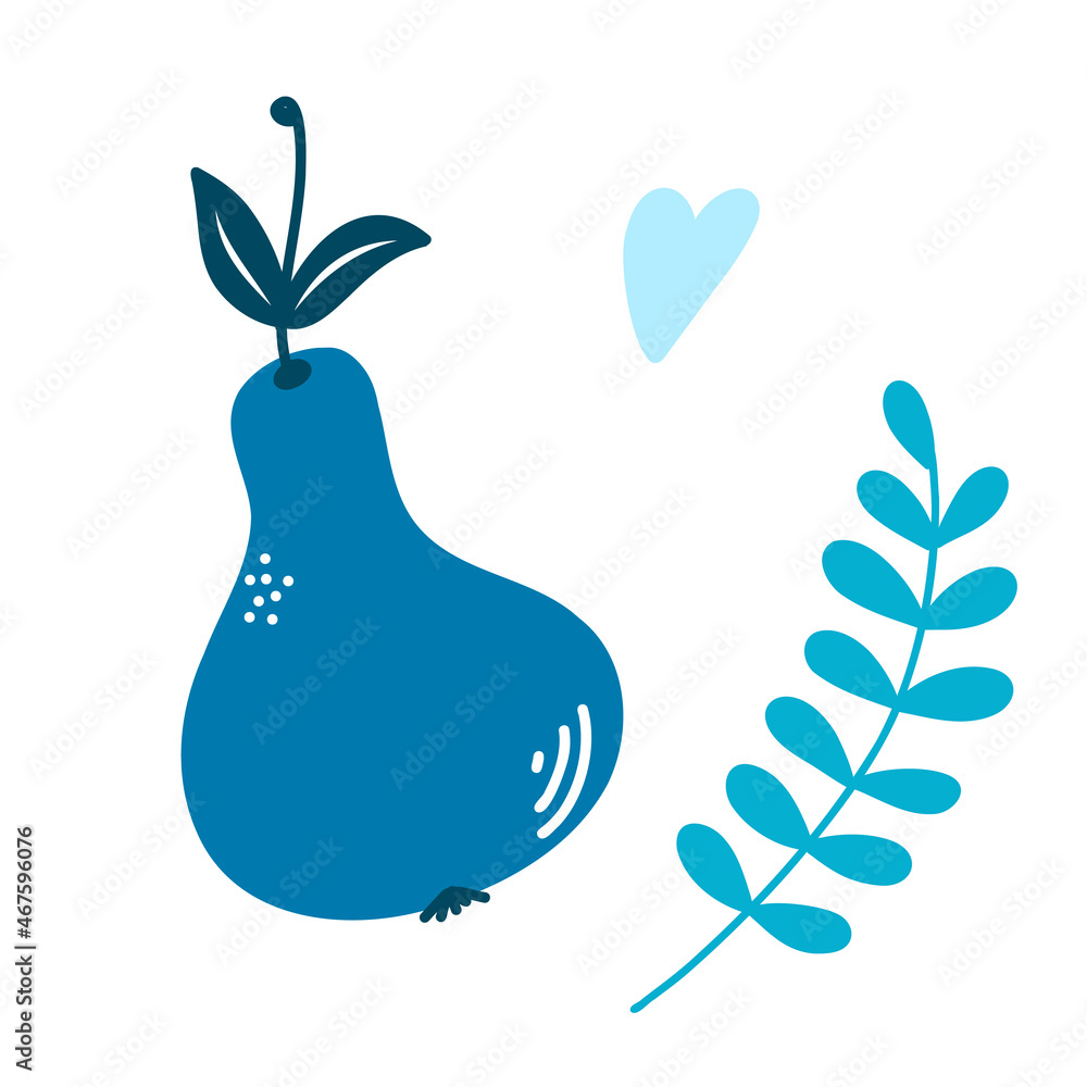 Abstract blue pear with twigs of leaves, isolated element on a white background, fruit in a flat style. Vector illustration for cafe, menu, packaging, T-shirt print.