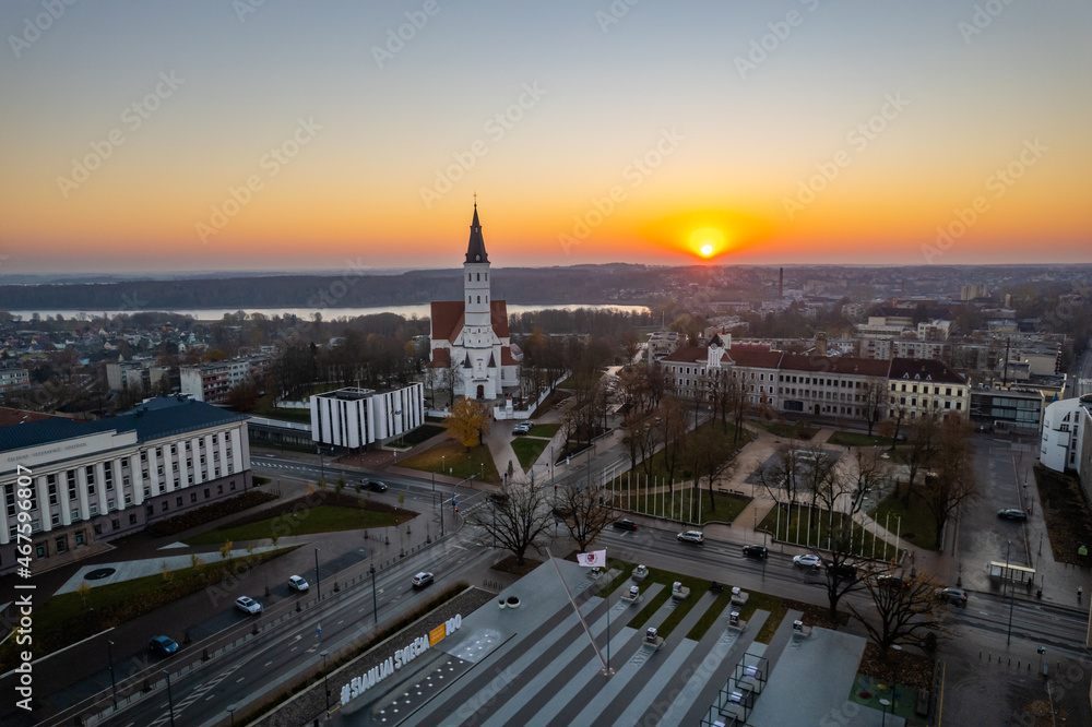 Aerial autumn fall sunrise view of Šiauliai city, Lithuania