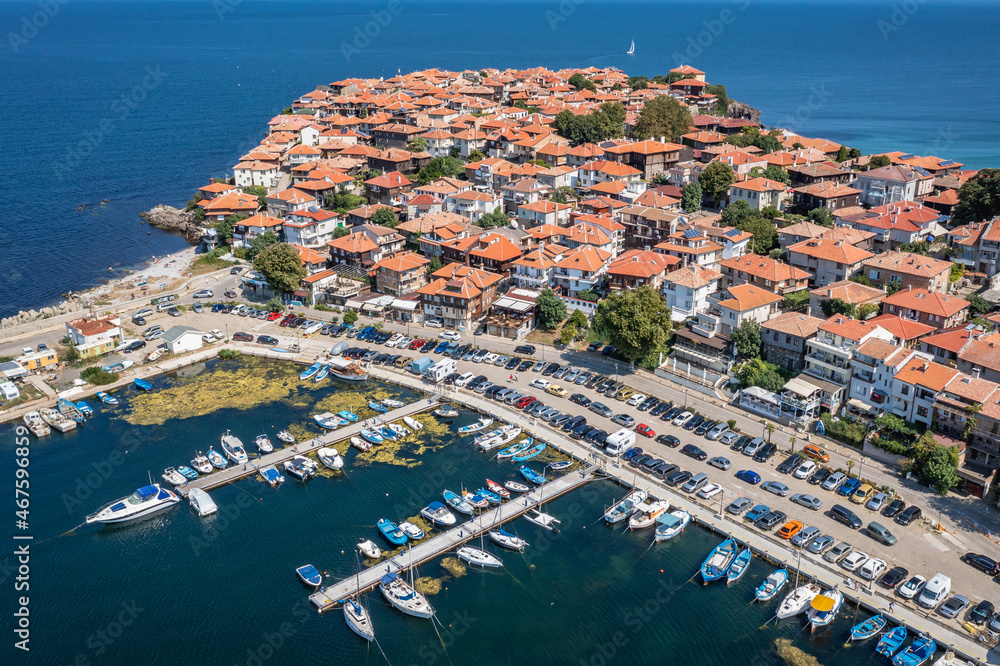 Drone photo of historic part of Sozopol town on the Black Sea coast, Bulgaria