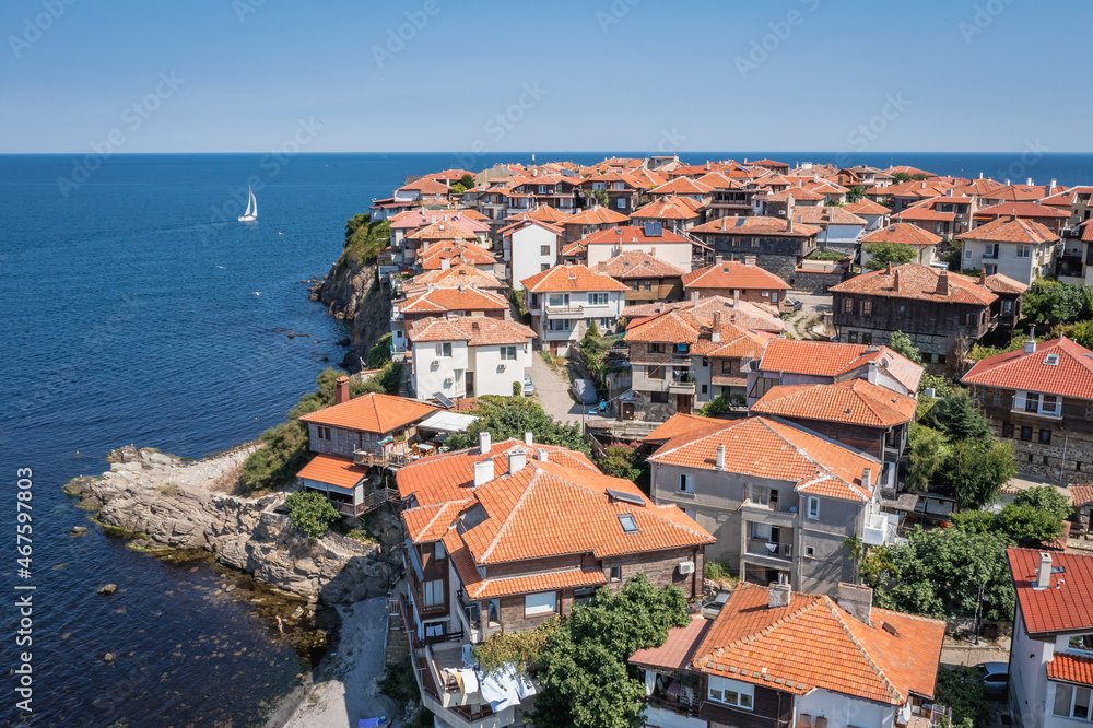 Houses with red tiled roofs in historic part of Sozopol town on the Black Sea coast of Bulgaria