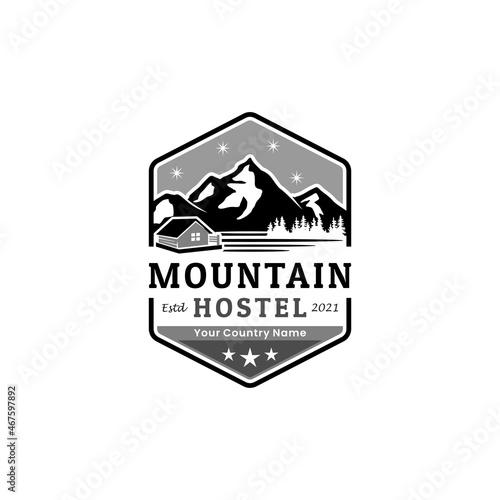 Mountains And Houses Hexagon Logo For Hotel, Rent House, Or Villa In The Countryside Design Inspiration