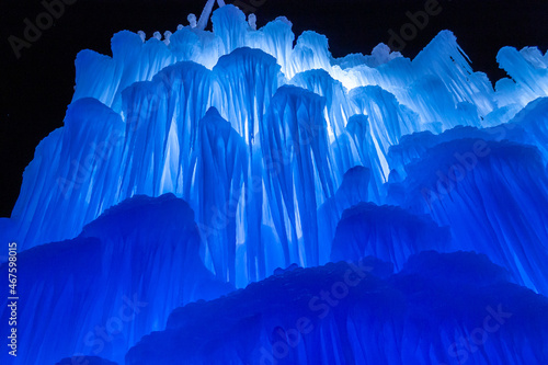 Low angle view of the Ice Castle with night illumination, Utah, U