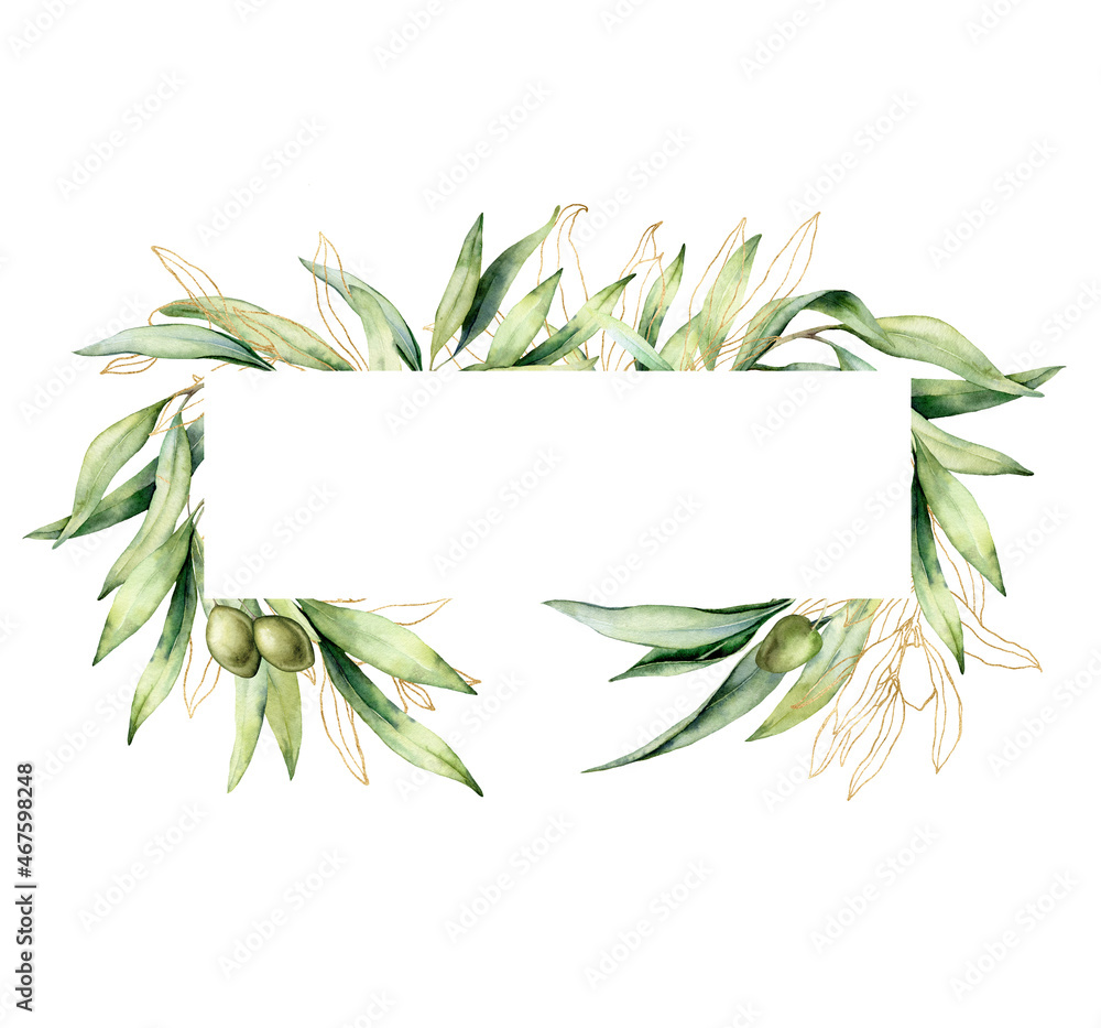 Watercolor horizontal frame of gold and green olive branches. Hand drawn linear border of leaves and berries isolated on white background. Plant illustration for design, print, fabric or background.