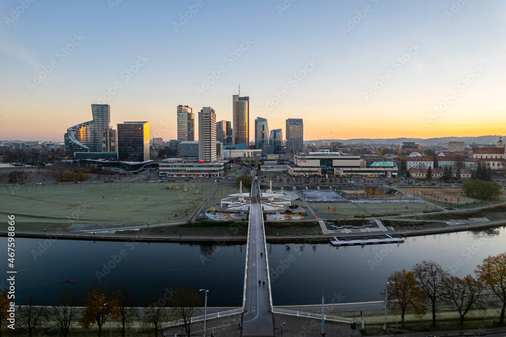 Fototapeta premium Aerial autumn fall sunrise view of Vilnius, Lithuania