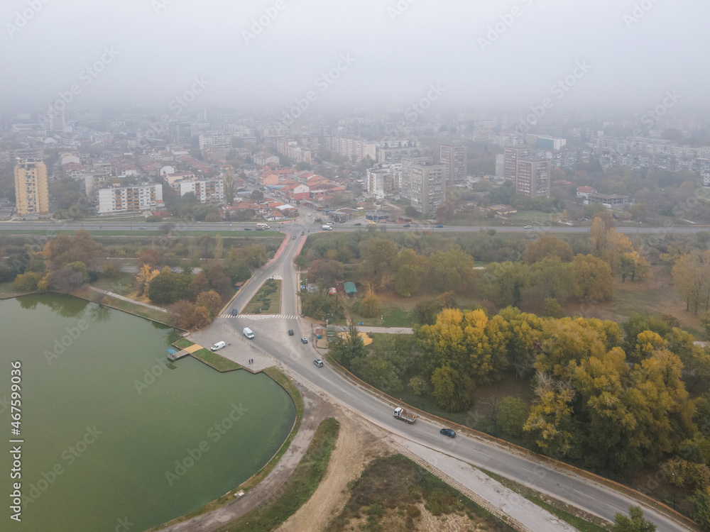 Aerial view of town of Pazardzhik, covered with fog,  Bulgaria