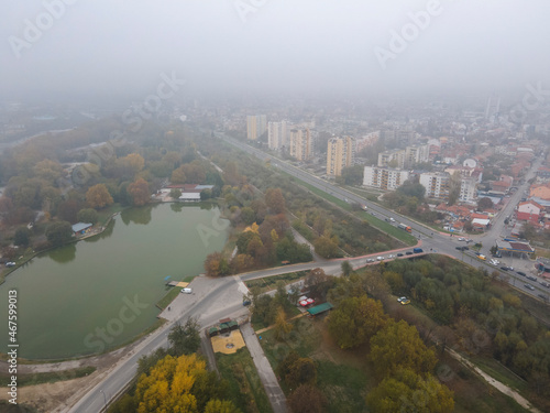 Aerial view of town of Pazardzhik, covered with fog, Bulgaria
