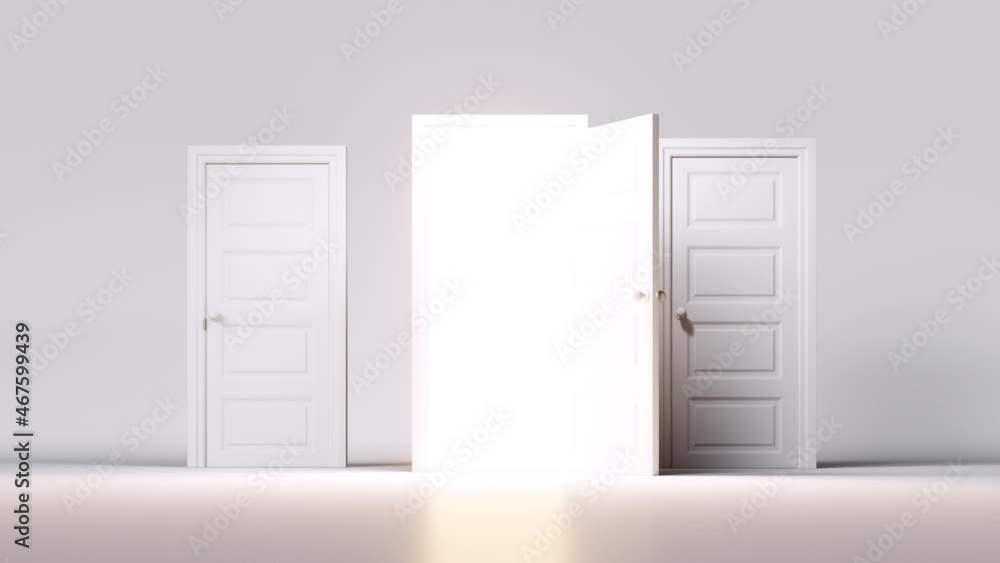 3d render, abstract white background, empty room. Entering inside the opening door with bright light. Choice concept, hope or afterlife metaphor 3d render, abstract white background, empty room. Entering inside the opening door with bright light. Choice concept, hope or afterlife metaphor