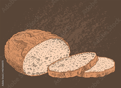 Sliced bread on a dark brawn background. Fresh hot baked goods. Design for baking and food. Vector illustration hand drawn