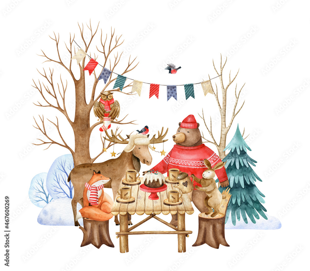 Fototapeta premium Fairy forest animals celebrate Christmas in a woodland. Watercolor hand drawn illustration with stylized rabbit, fox, bear, elk, birds and owl at the table. Scene for greeting cards and invitations.