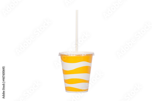 paper disposable cup with tube is insulated on white background. Drink, food, liquid, ecology