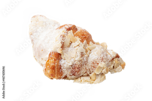 croissant with almond is isolated on white background with top view. Flour product, dye, tasty, bakery, recipe