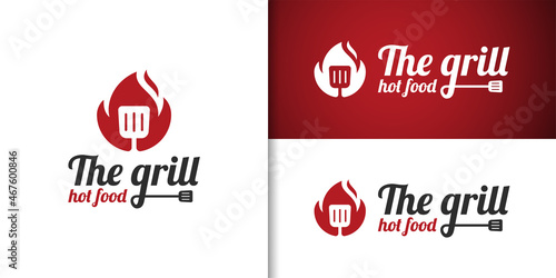 fire the grilled BBQ logo. barbecue or barbeque hot grill restaurant menu business food logo design