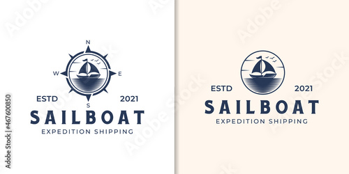 Simple sailing yacht silhouette logo with compass navigator design vector for business shipping, Fishing, fisherman
