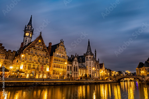 Ghent, Belgium old town cityscape from the Graslei are at dawn