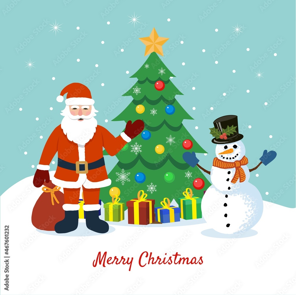 Christmas greeting card Santa Claus and Snowman cartoon vector illustration