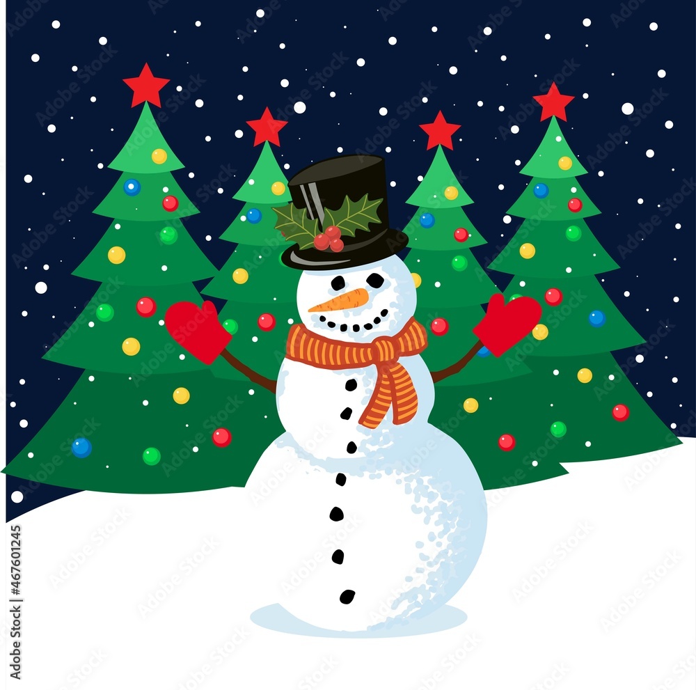 Christmas greeting card Snowman and Christmas tree cartoon vector illustration