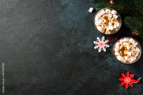 Christmas background with homemade hot chocolate, top view. Winter cocoa. New year drink. Flatlay with cocoa. Christmas composition with cocoa. Cosy drink. © sashka1313