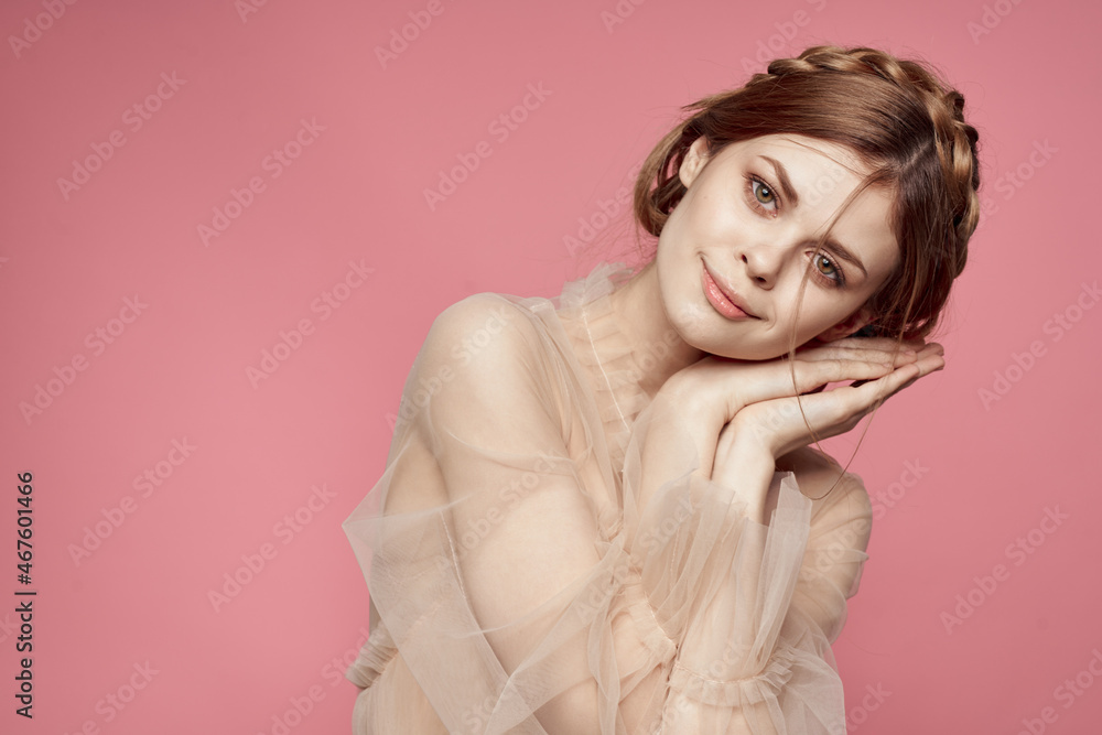 portrait of a woman gesture hands cosmetics fashion hairstyle posing model studio