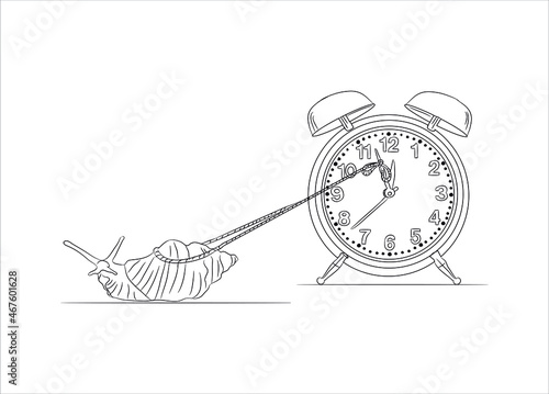 Stop Time concept. Stoping the time in vector illustration. Trying to stop a time. Clock stop by snail. snail pulling rope for stop clock. work Deadline concept. holding time on the clock by rope.