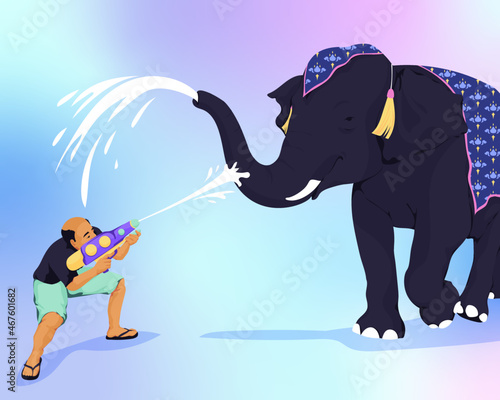 man and elephant playing with water