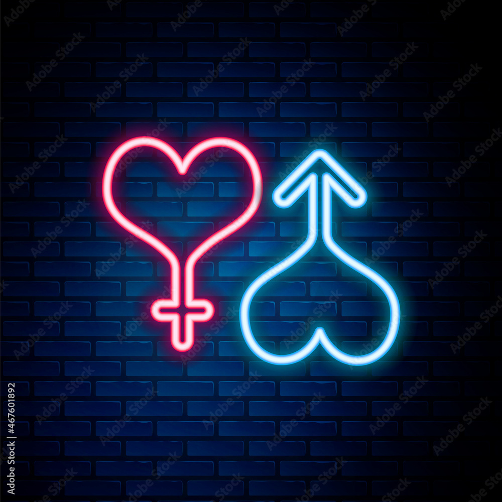 Glowing neon line Male and female symbol heart icon isolated on brick wall background. Gender symbol. Colorful outline concept. Vector Glowing neon line Male and female symbol heart icon isolated on brick wall background. Gender symbol. Colorful outline concept. Vector