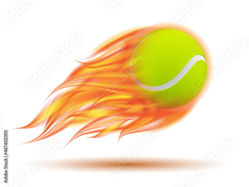 Flaming Tennis Ball. Tennis Ball flying in fire on white background.