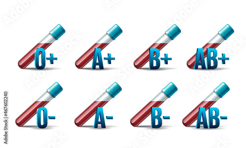 Set of the test tubes with blood samples different types.