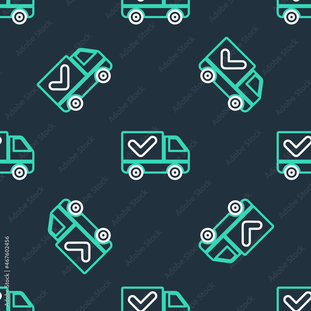 Line Delivery truck with check mark icon isolated seamless pattern on black background. Vector Line Delivery truck with check mark icon isolated seamless pattern on black background. Vector