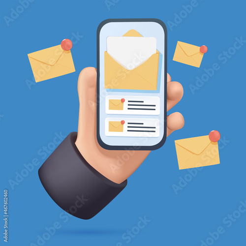 Hand holding mobile smart phone with mail app. Mail service concept. 3D business illustration, free to edit. Internet communication, email marketing. Mobile app design, onboarding letter. Application