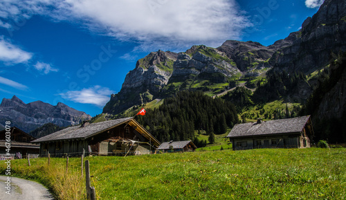 Beautiful rural scene of wooden village houses in Verbier, Switzerland photo