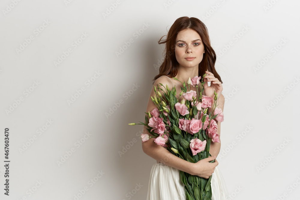 attractive woman pink flower bouquet fashion summer Studio Model