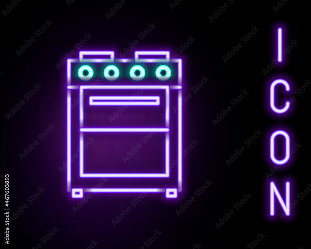 Glowing neon line Oven icon isolated on black background. Stove gas oven sign. Colorful outline concept. Vector Glowing neon line Oven icon isolated on black background. Stove gas oven sign. Colorful outline concept. Vector