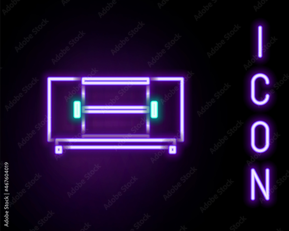 Glowing neon line TV table stand icon isolated on black background. Colorful outline concept. Vector Glowing neon line TV table stand icon isolated on black background. Colorful outline concept. Vector