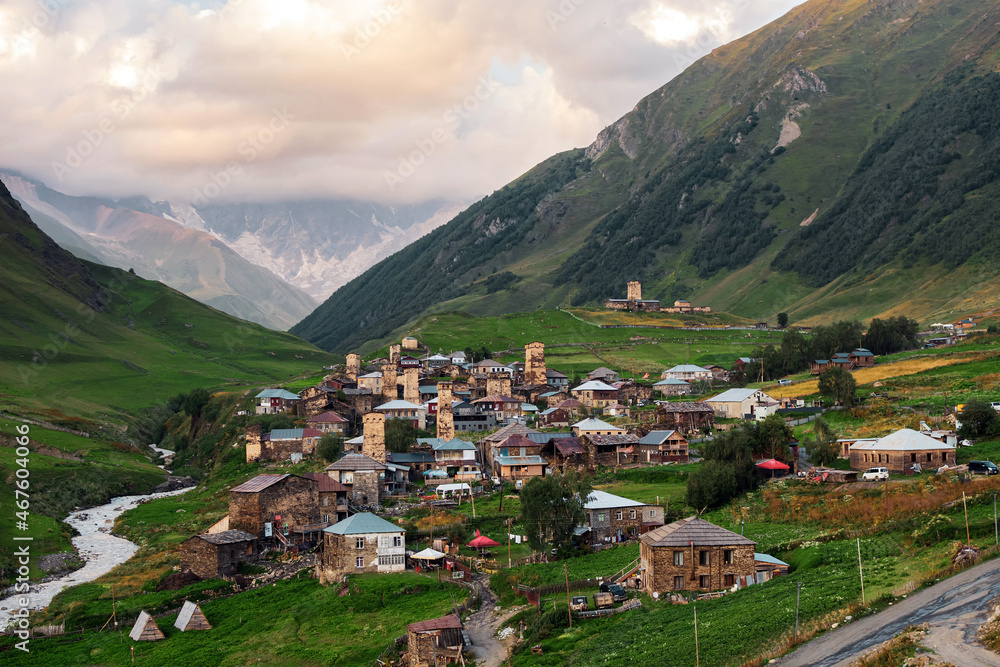 Viev of the village of Ushguli, in Georgia Caucasus mountains, upper Svaneti, the highest inhabited village in Europe and an UNESCO World Heritage Site.