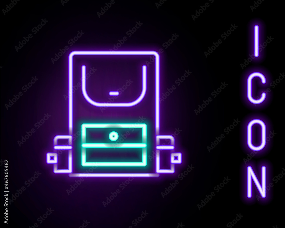 Glowing neon line Hiking backpack icon isolated on black background. Camping and mountain exploring backpack. Colorful outline concept. Vector Glowing neon line Hiking backpack icon isolated on black background. Camping and mountain exploring backpack. Colorful outline concept. Vector