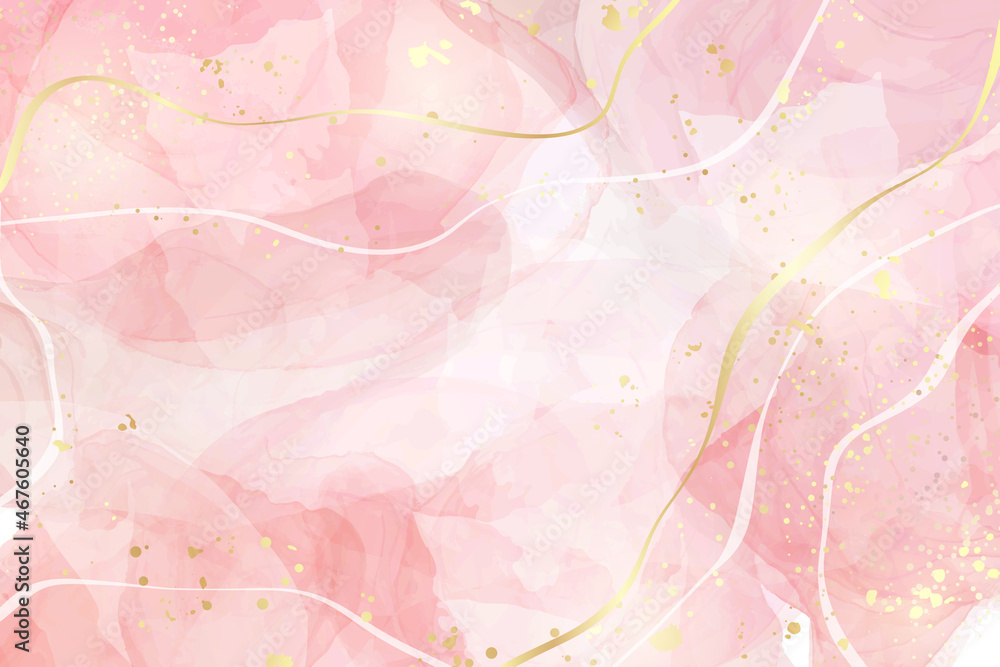 Obraz premium Pastel rose pink liquid watercolor background with golden cracks. Blush marble alcohol ink drawing effect. Vector illustration design template for wedding invitation, menu, rsvp