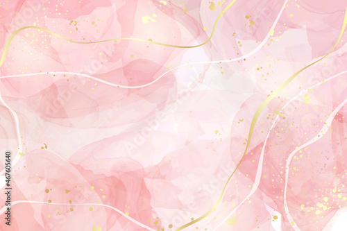 Pastel rose pink liquid watercolor background with golden cracks. Blush marble alcohol ink drawing effect. Vector illustration design template for wedding invitation, menu, rsvp