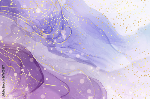 Violet liquid watercolor background with golden stains. Purple mauve marble alcohol ink drawing effect. Vector illustration design template for wedding invitation, menu, rsvp, poster