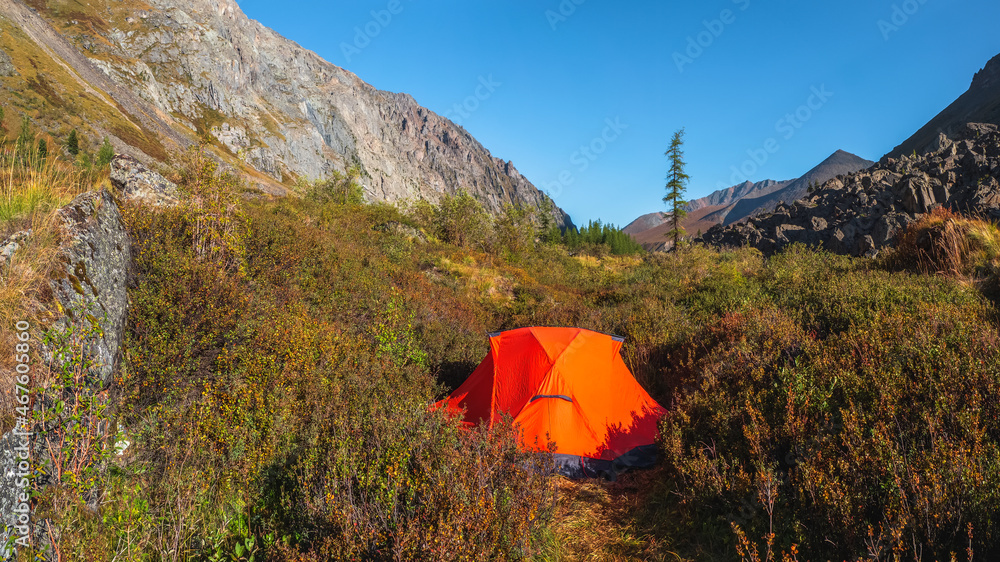 Lonely tent in the mountain forest. Orange camping tent on the shore in the sunlight. Tourism concept adventure voyage outdoor.