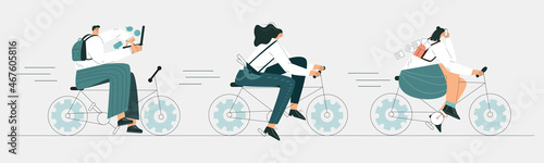 Business people team cycling to work by bike. Urban character riding on bicycle. Employee commuting by ebike to job. Eco healthy city transport concept. Flat vector cartoon illustration banner