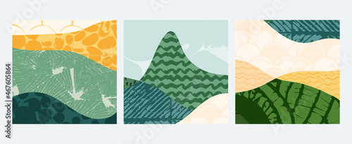 Set of abstract landscape vector social media background illustration. Countryside with colorful texture. Bundle of decorative eco cards. Nature, ecology, organic, environment postcard, poster design