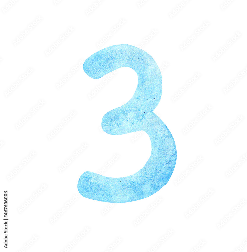 Watercolor blue number three isolated on white Watercolor blue number three isolated on white