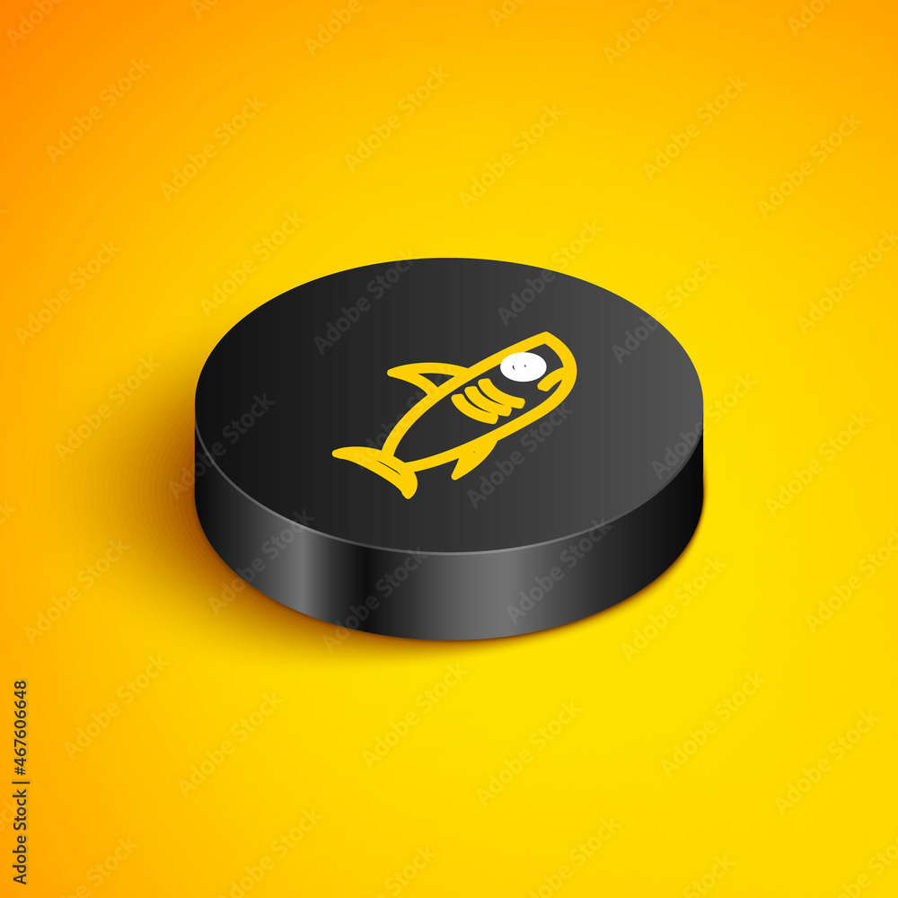 Isometric line Shark icon isolated on yellow background. Black circle button. Vector Isometric line Shark icon isolated on yellow background. Black circle button. Vector
